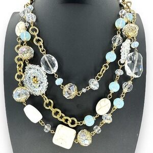 You and I Glass Beads Over Gold Tone Multi Layered Necklace Lobster Claw Closure